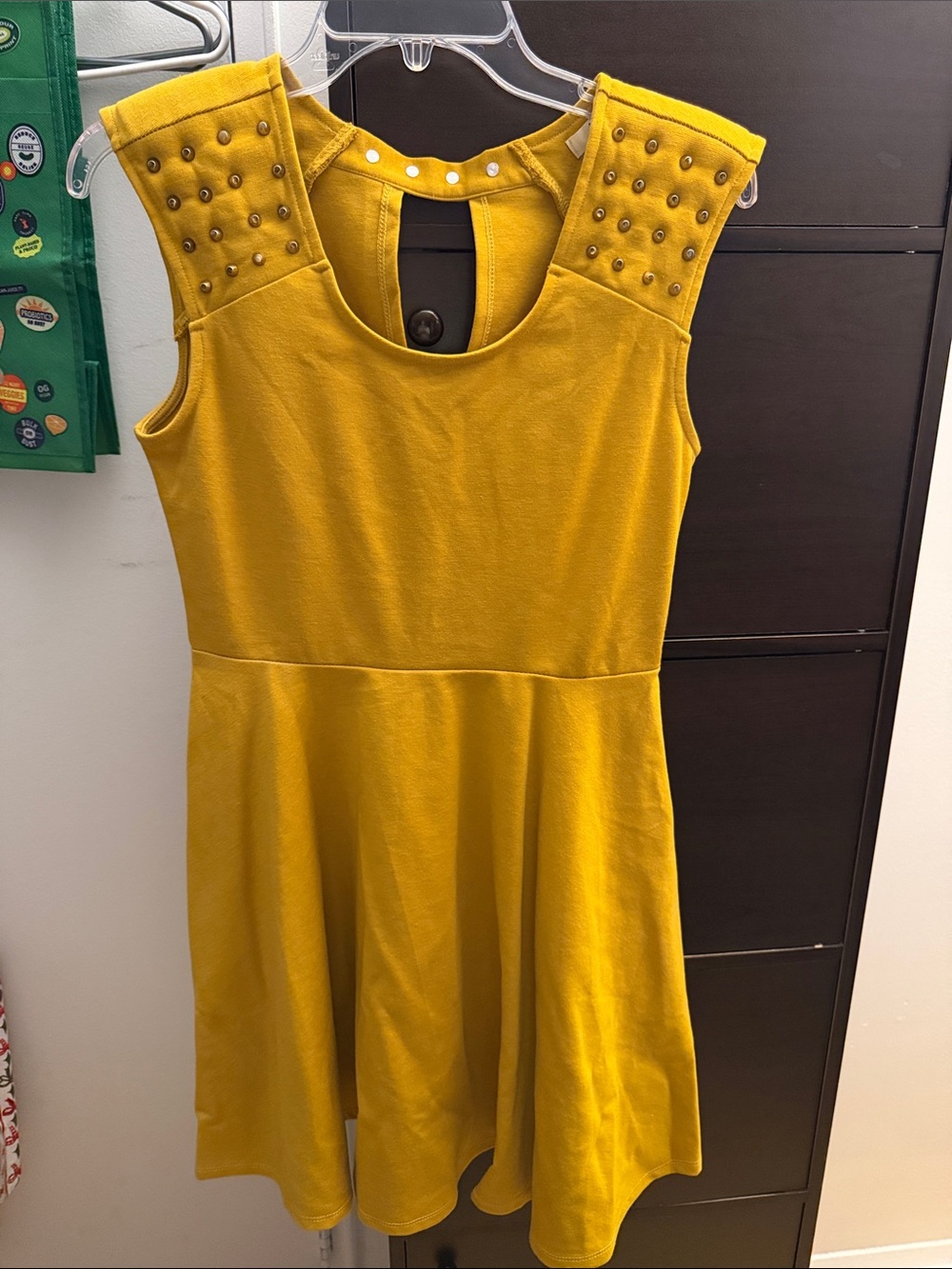 Ya Los Angeles Mustard Stud-Shoulder Fit & Flare Mini Dress